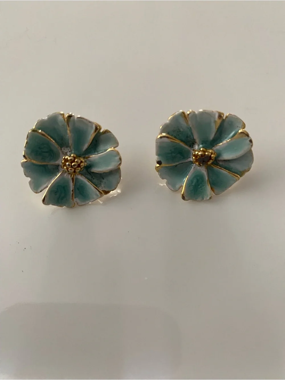 Floral Enamel Stud Earrings in Aqua Blue with Gold Trim